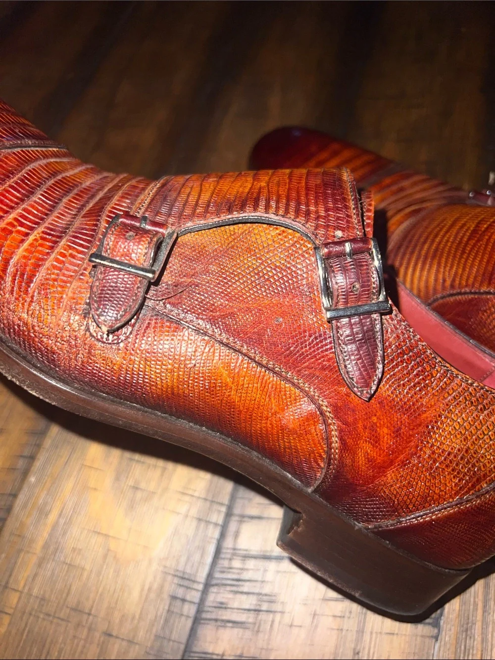 Magnanni Seleccion Brown Genuine Lizard Leather Double Monk Strap Dress Shoes